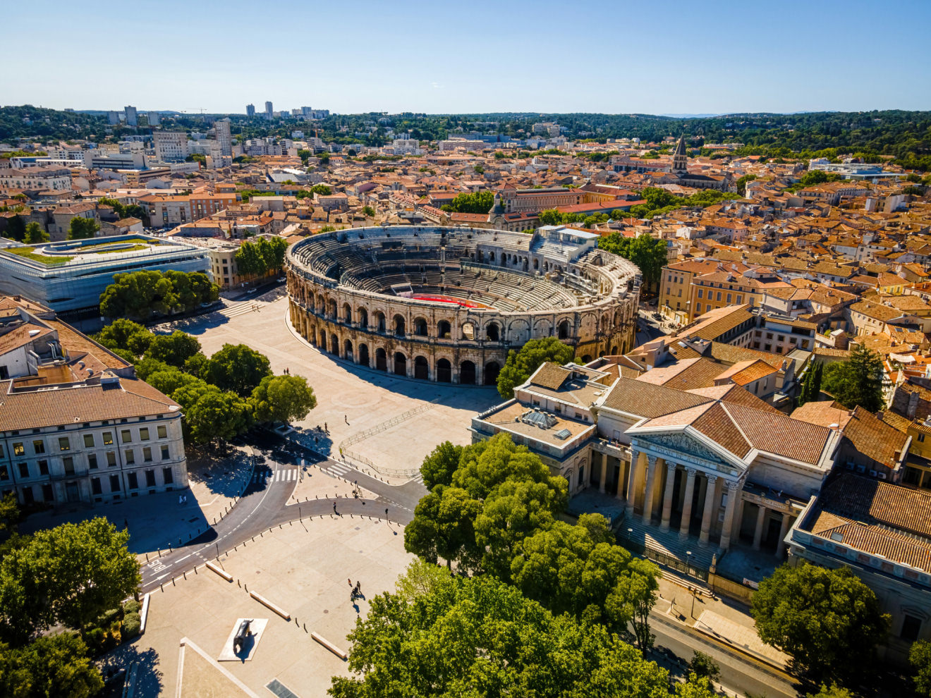 Les arènes de Nîmes vue du ciel