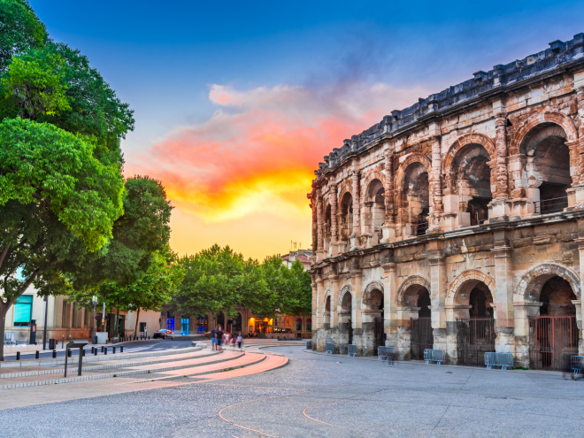 Arènes de Nîmes, couché de soleil